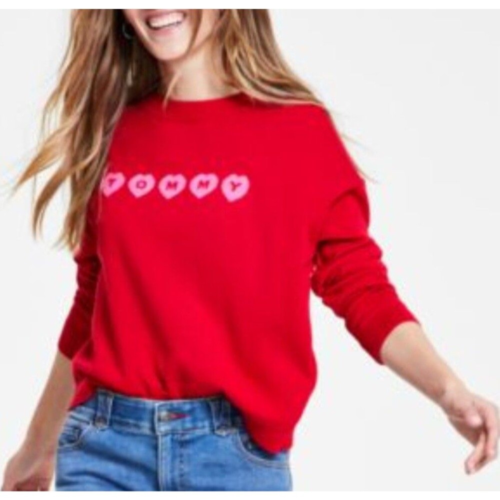 Tommy Hilfiger Women's Red Crewneck Heart Pullover Sweater.women Size M.